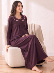 Wine Solid Fleece  Winter Maternity Nighty