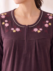 Wine Solid Fleece  Winter Maternity Nighty