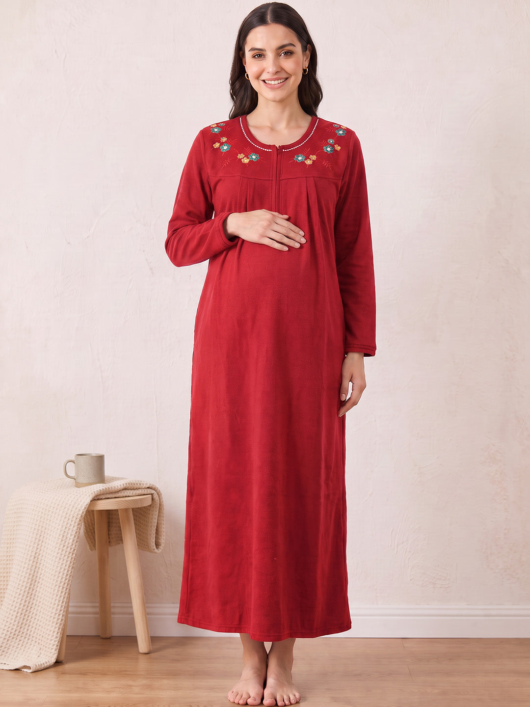Red Solid Fleece  Winter Maternity Nighty