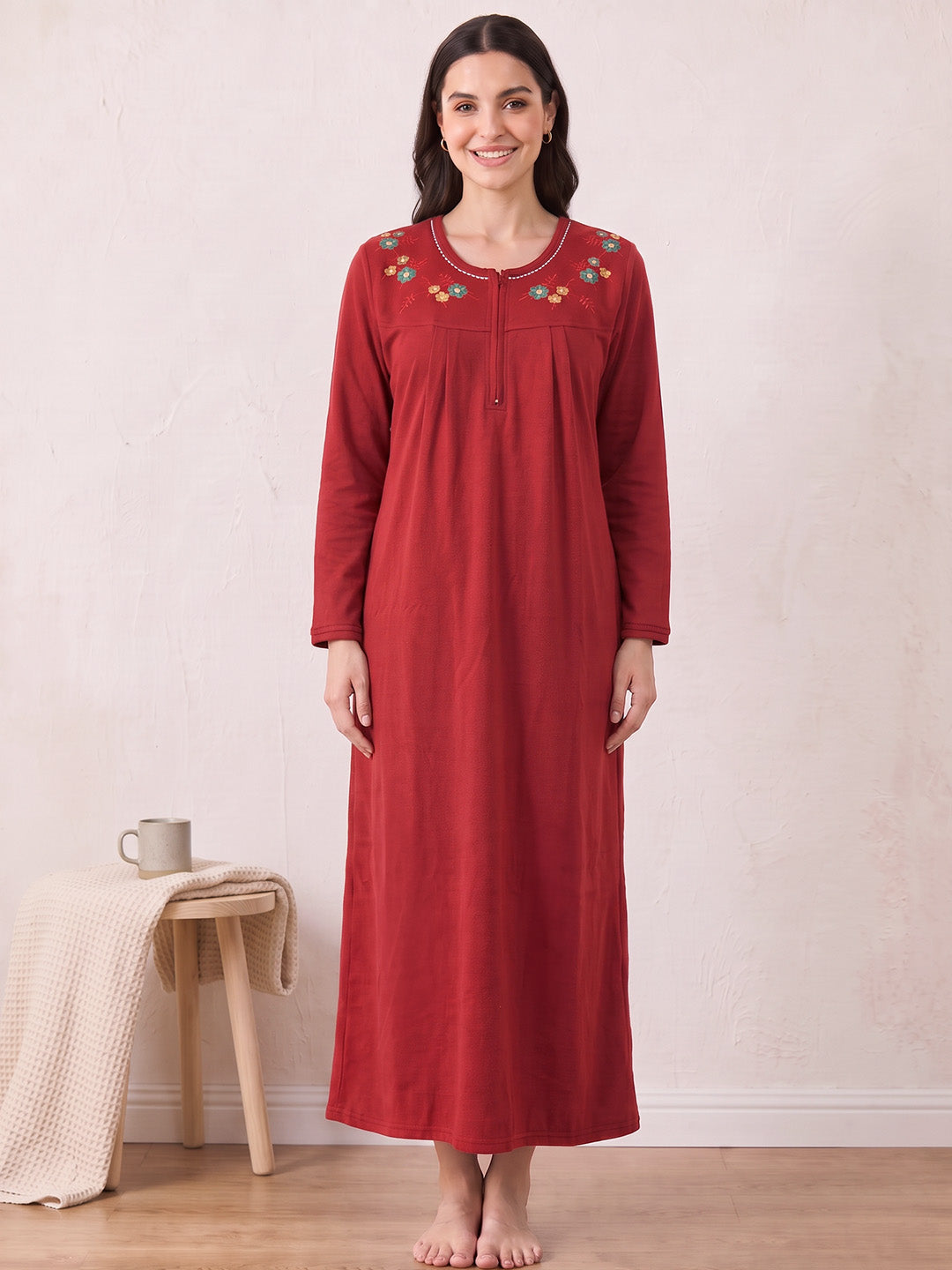 Red Solid Fleece Winter Nighty