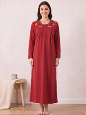 Red Solid Fleece Winter Nighty