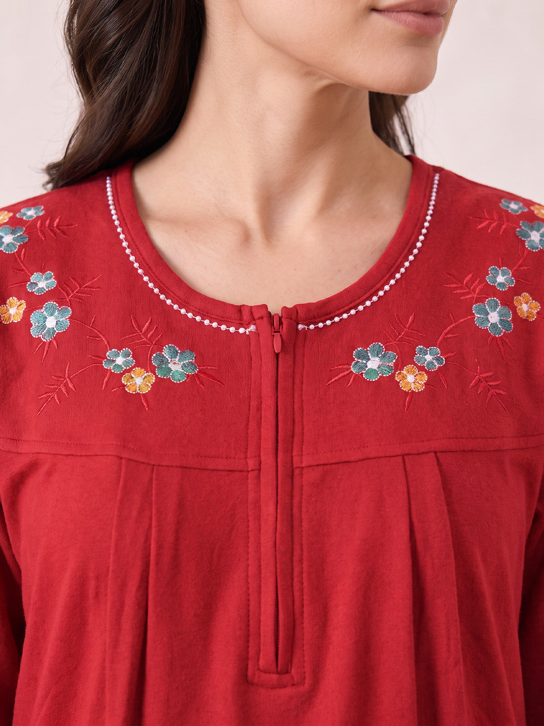 Red Solid Fleece Winter Nighty