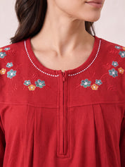 Red Solid Fleece Winter Nighty