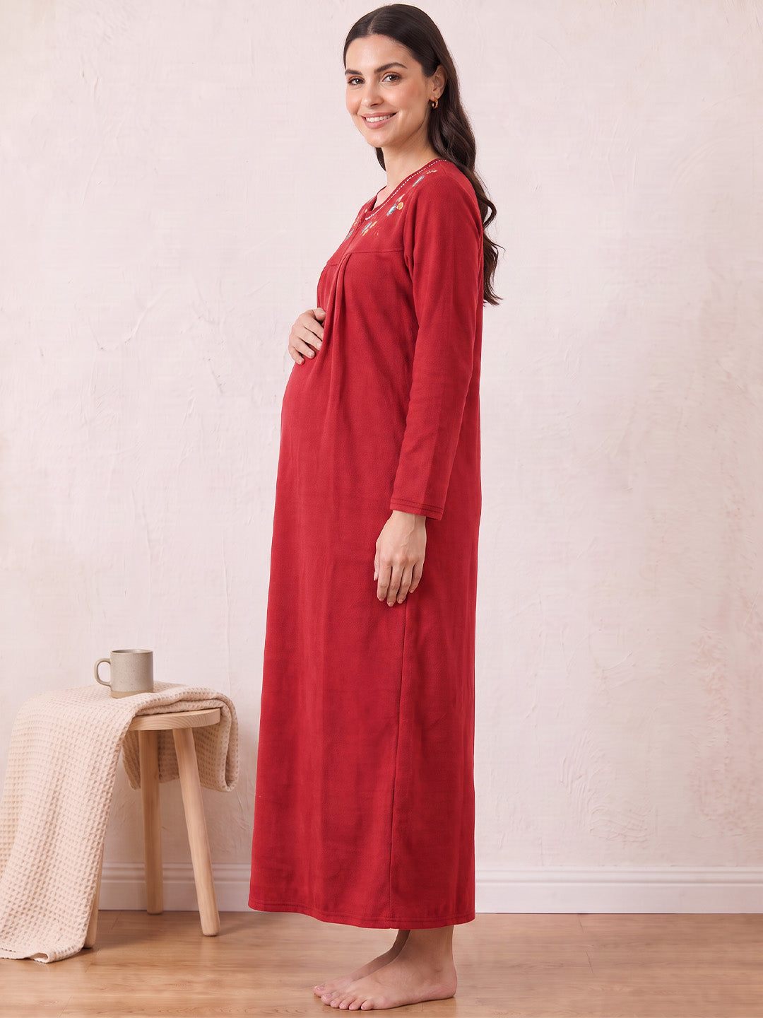 Red Solid Fleece  Winter Maternity Nighty