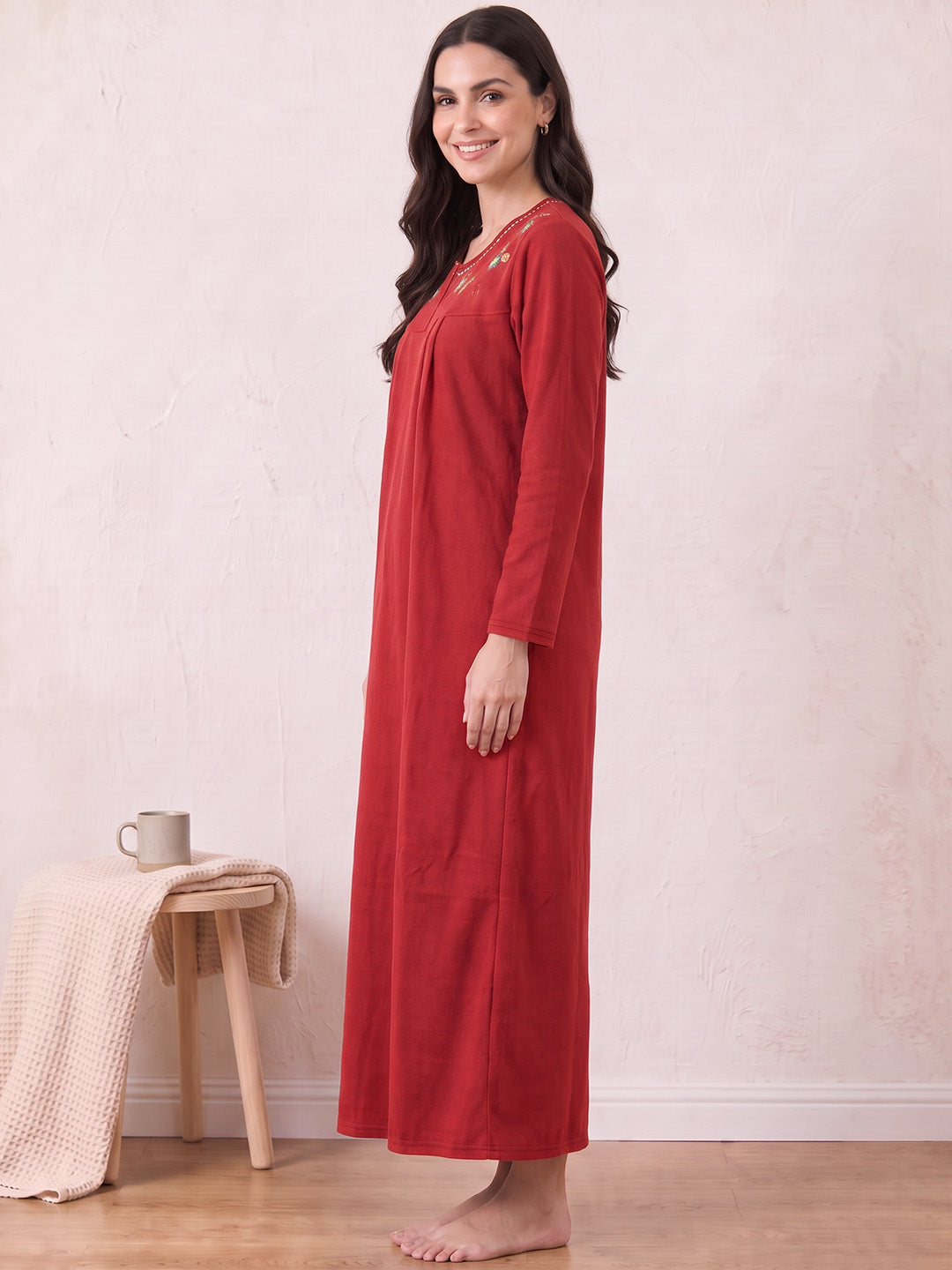 Red Solid Fleece Winter Nighty