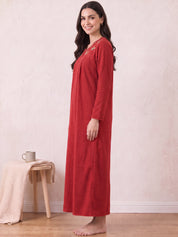 Red Solid Fleece Winter Nighty