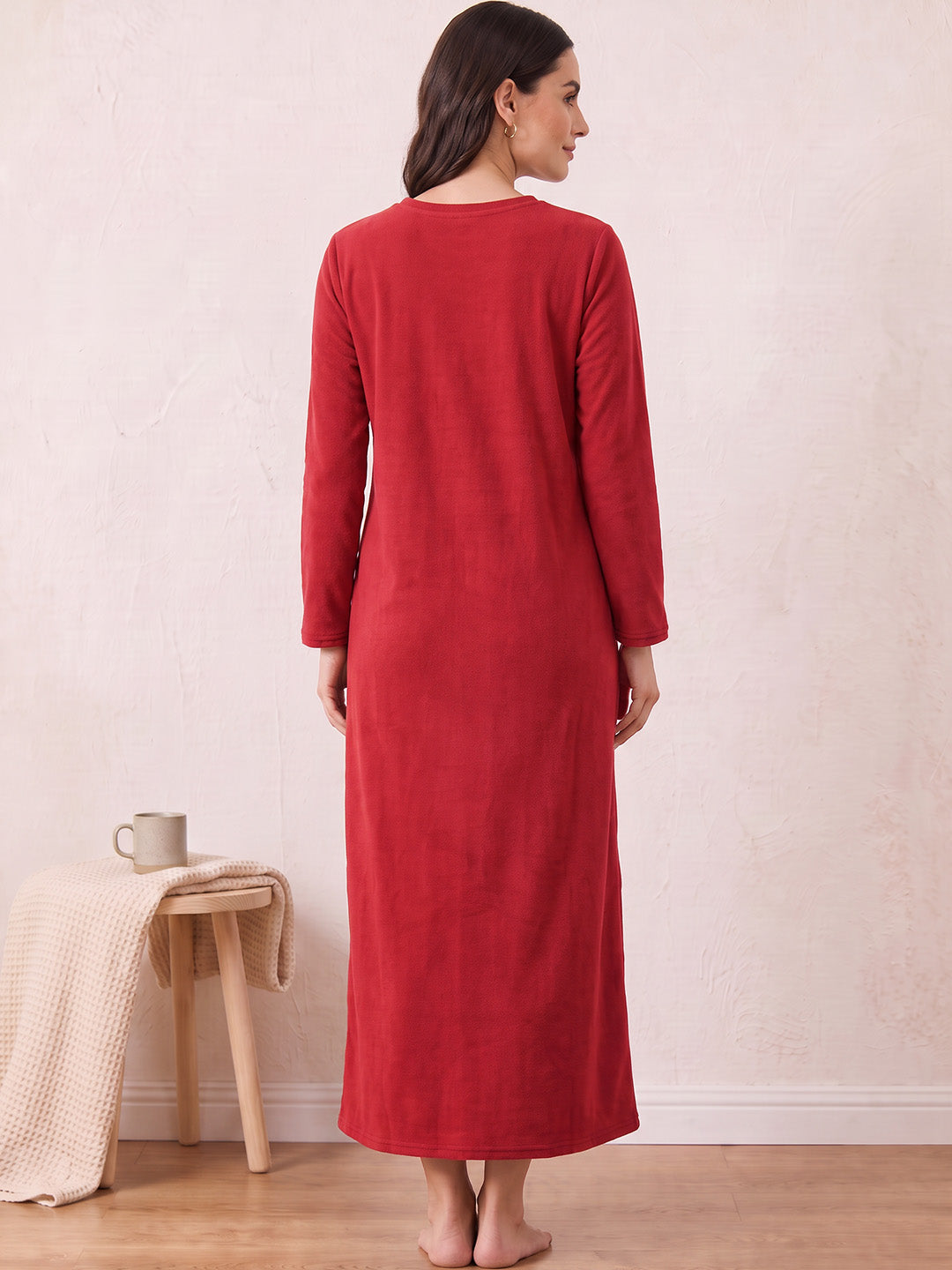 Red Solid Fleece  Winter Maternity Nighty