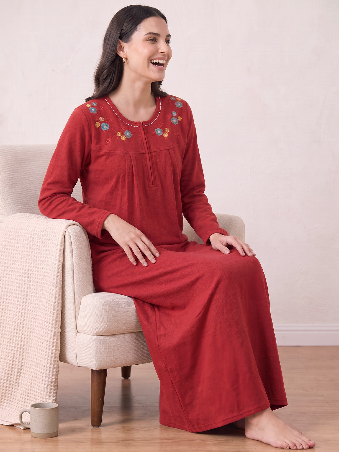 Red Solid Fleece Winter Nighty