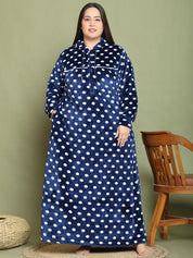 Secret Wish Navy Blue Polka Dot Woolen Plus Size Nighty