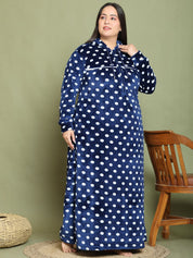 Secret Wish Navy Blue Polka Dot Woolen Plus Size Nighty