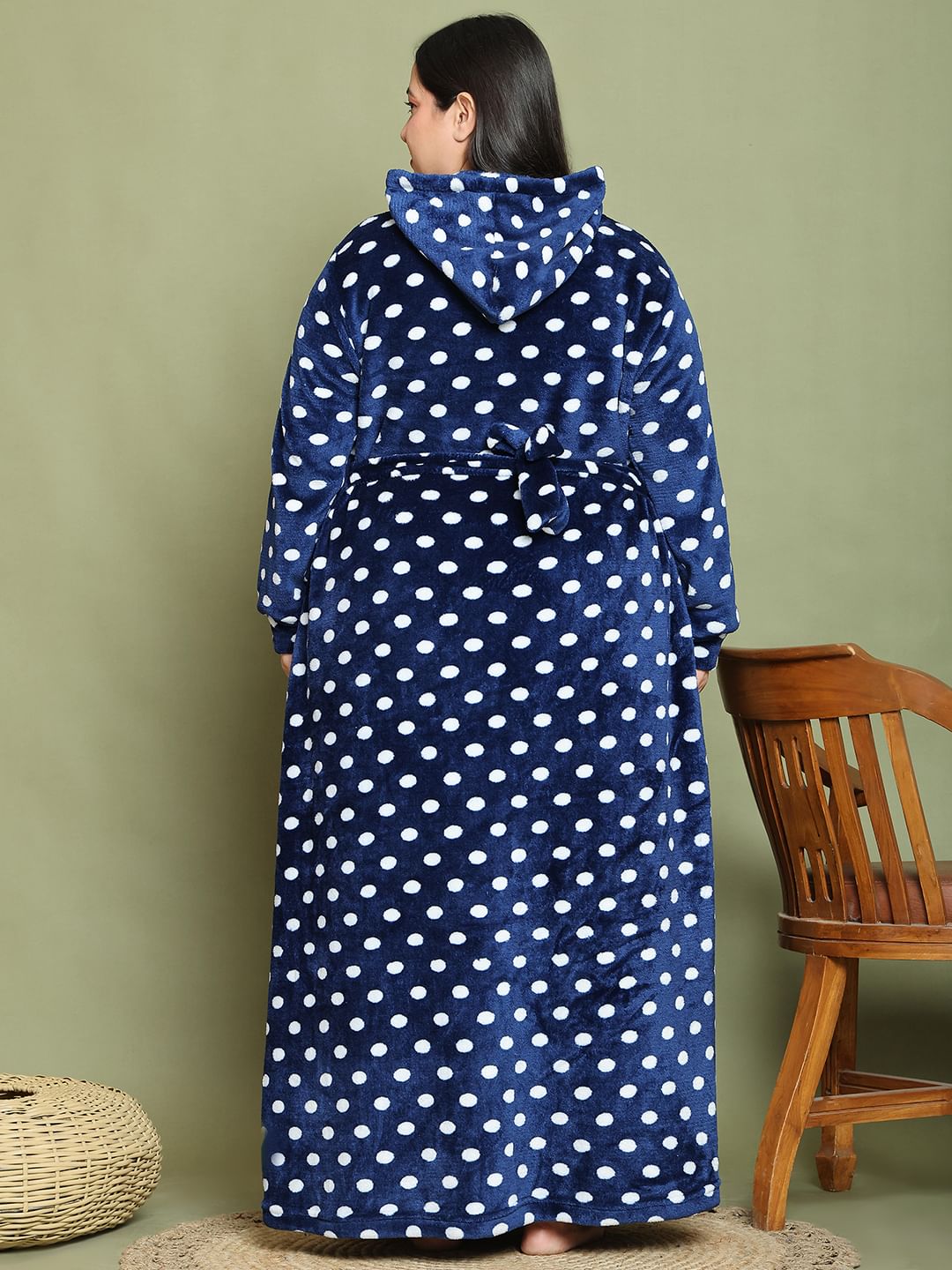 Secret Wish Navy Blue Polka Dot Woolen Plus Size Nighty