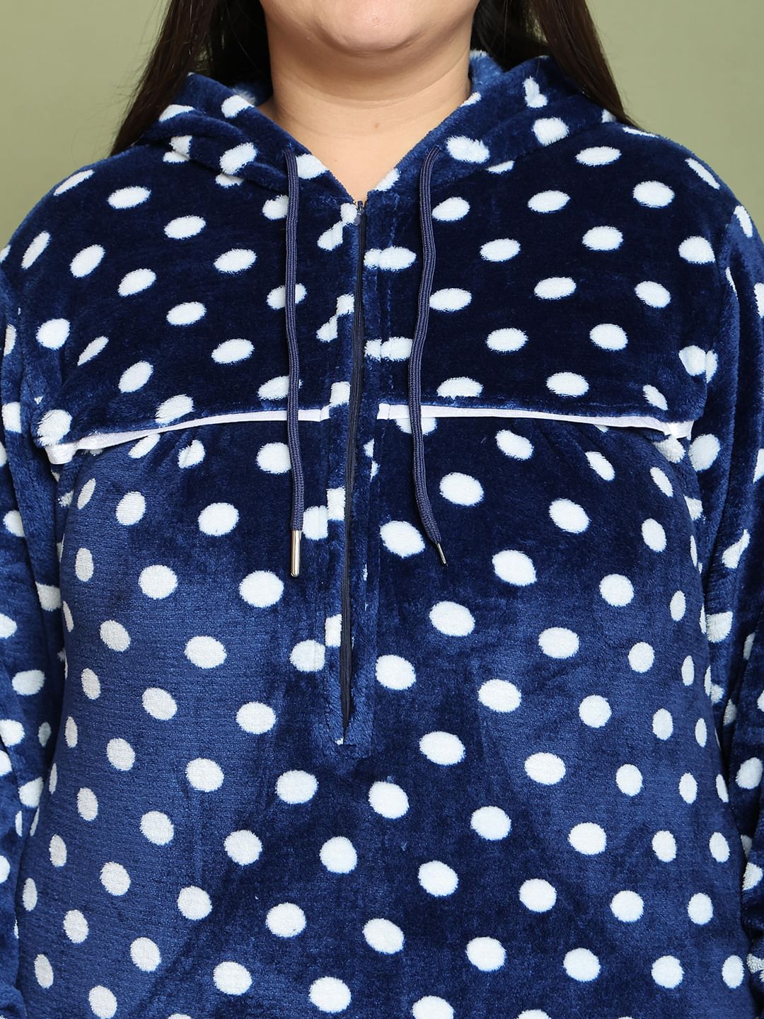 Secret Wish Navy Blue Polka Dot Woolen Plus Size Nighty