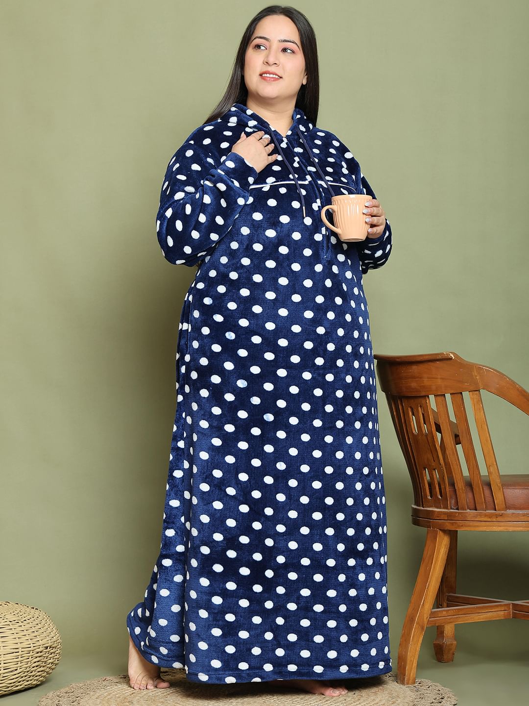 Secret Wish Navy Blue Polka Dot Woolen Plus Size Nighty