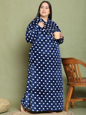 Secret Wish Navy Blue Polka Dot Woolen Plus Size Nighty