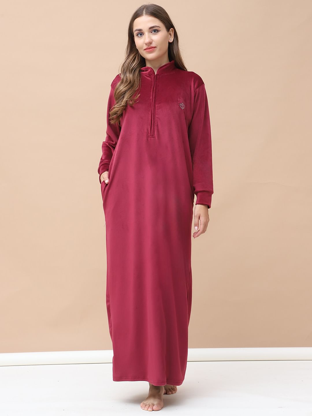 Solid Maroon Velvet Nighty Full Length