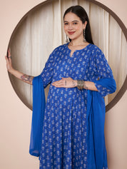 Blue Floral Cotton Maternity Kurta with Trouser and Dupatta