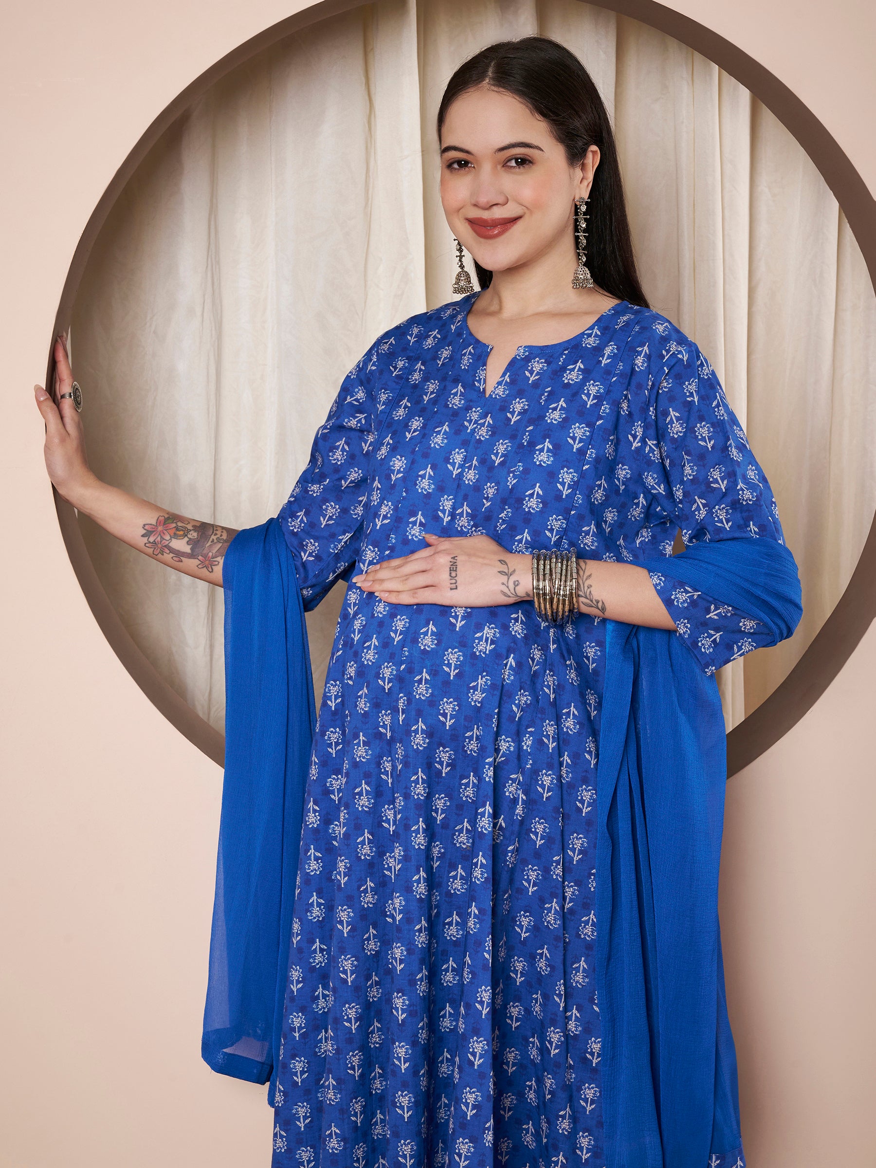 Blue Floral Cotton Maternity Kurta with Trouser and Dupatta