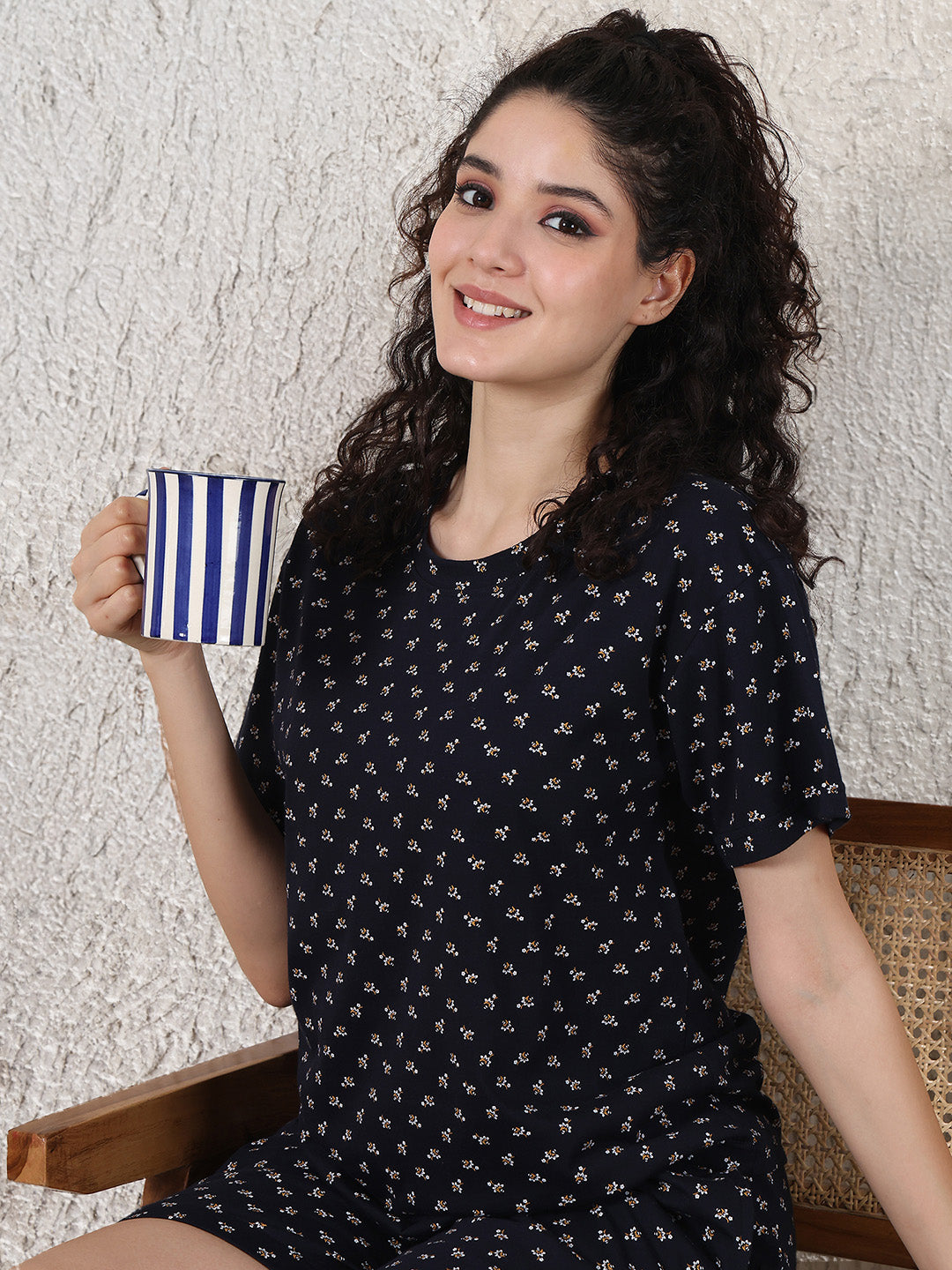 Secret Wish Navy Blue Printed Hosiery Shorts