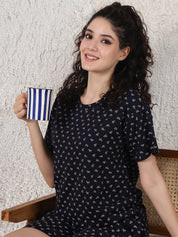 Secret Wish Navy Blue Printed Hosiery Shorts