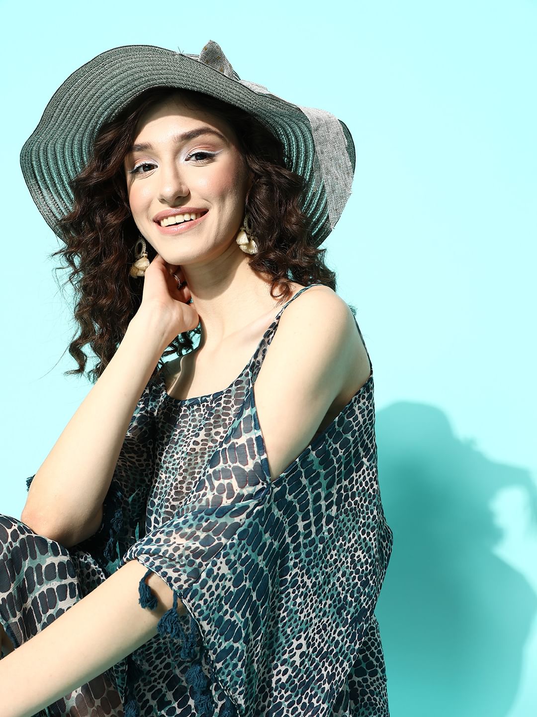 Cold-Shoulder Aqua Bubble Printed Teal Kaftan Swimwear CoverUp