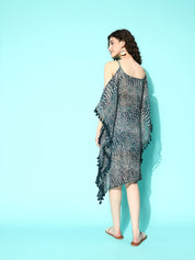 Cold-Shoulder Aqua Bubble Printed Teal Kaftan Swimwear CoverUp