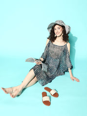 Cold-Shoulder Aqua Bubble Printed Teal Kaftan Swimwear CoverUp