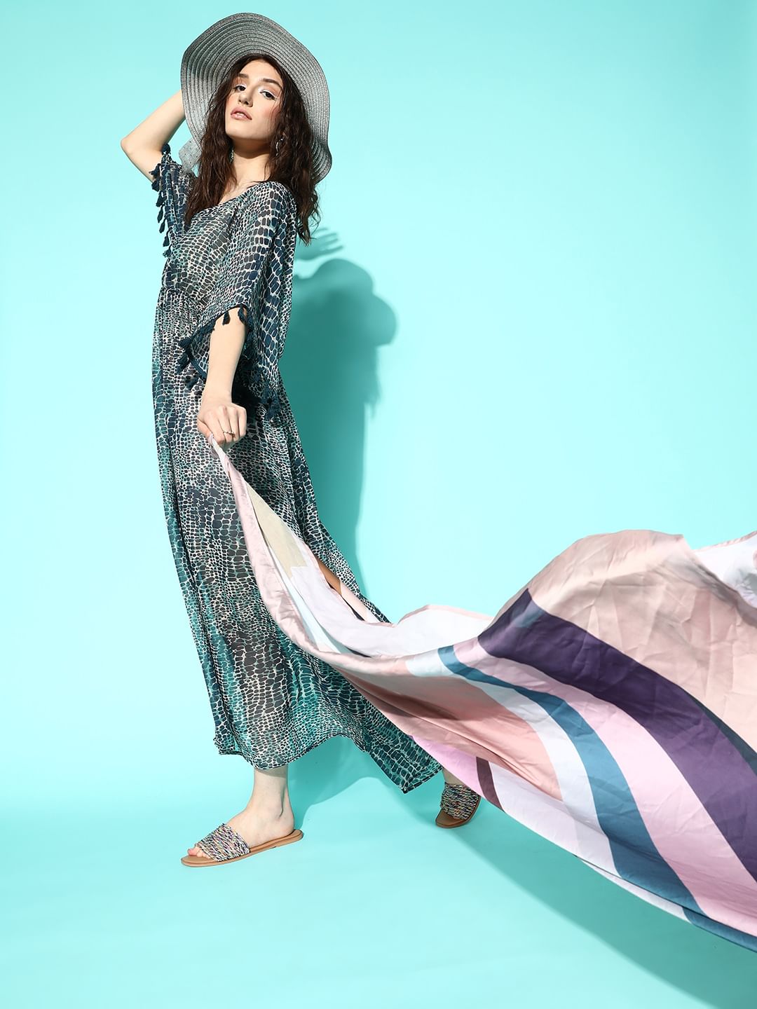 Aqua Bubble Printed Teal Kaftan Swimwear CoverUp Dress