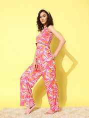 Pink Floral Printed Beachwear Cover-up Set