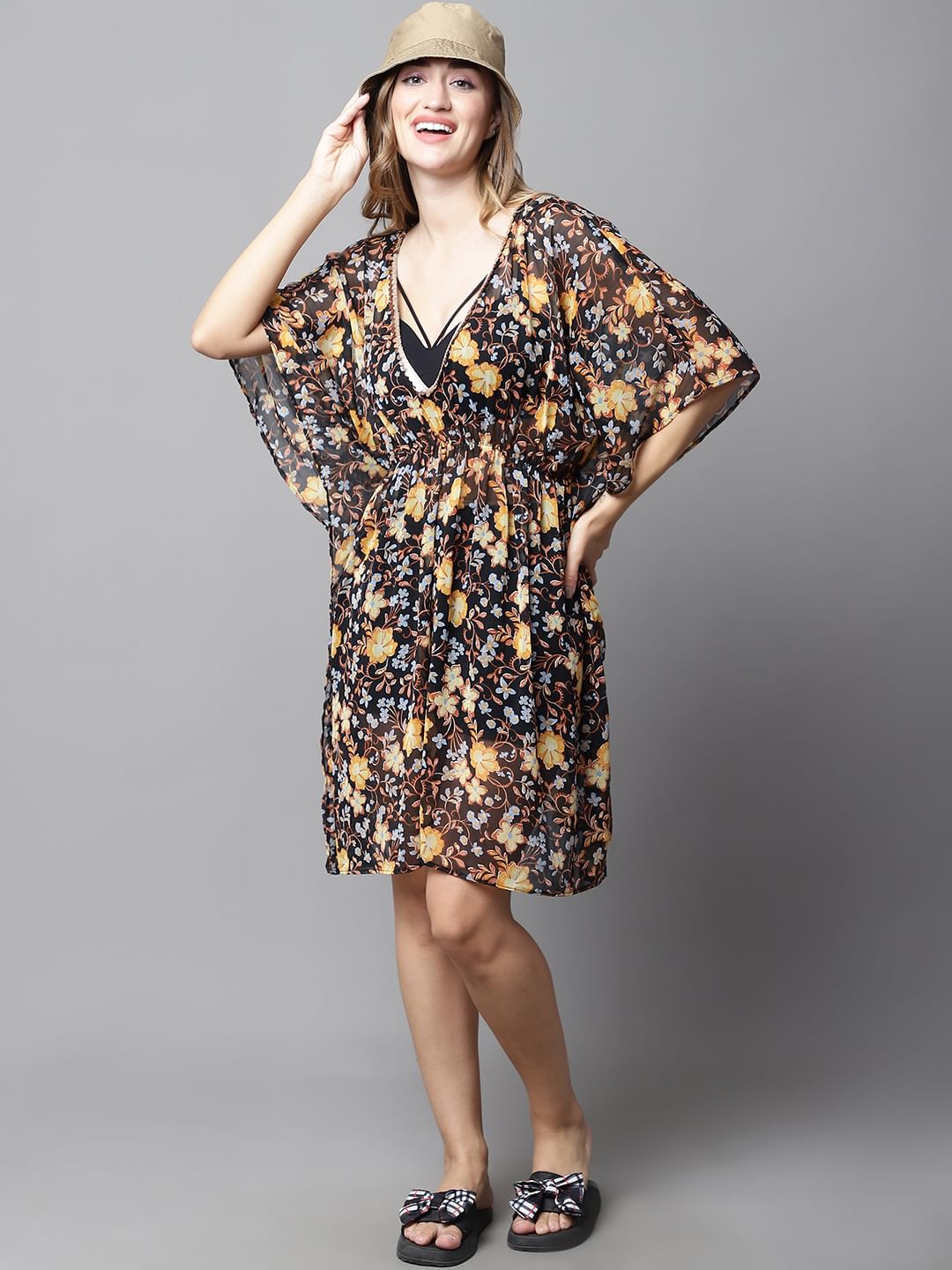 Black & Yellow Floral Cover Up Dress