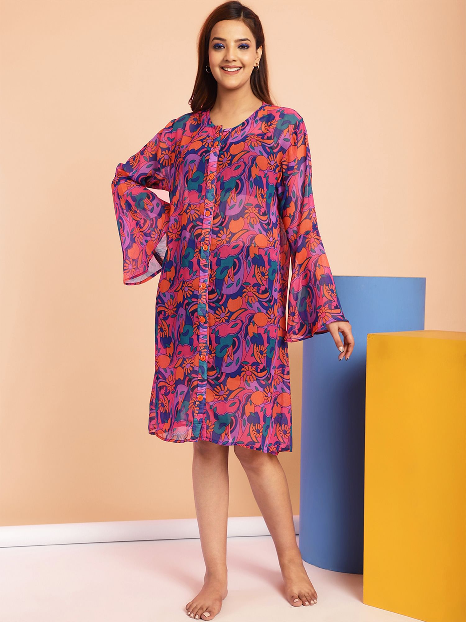 Purple Floral Swimwear Cover Up Dress