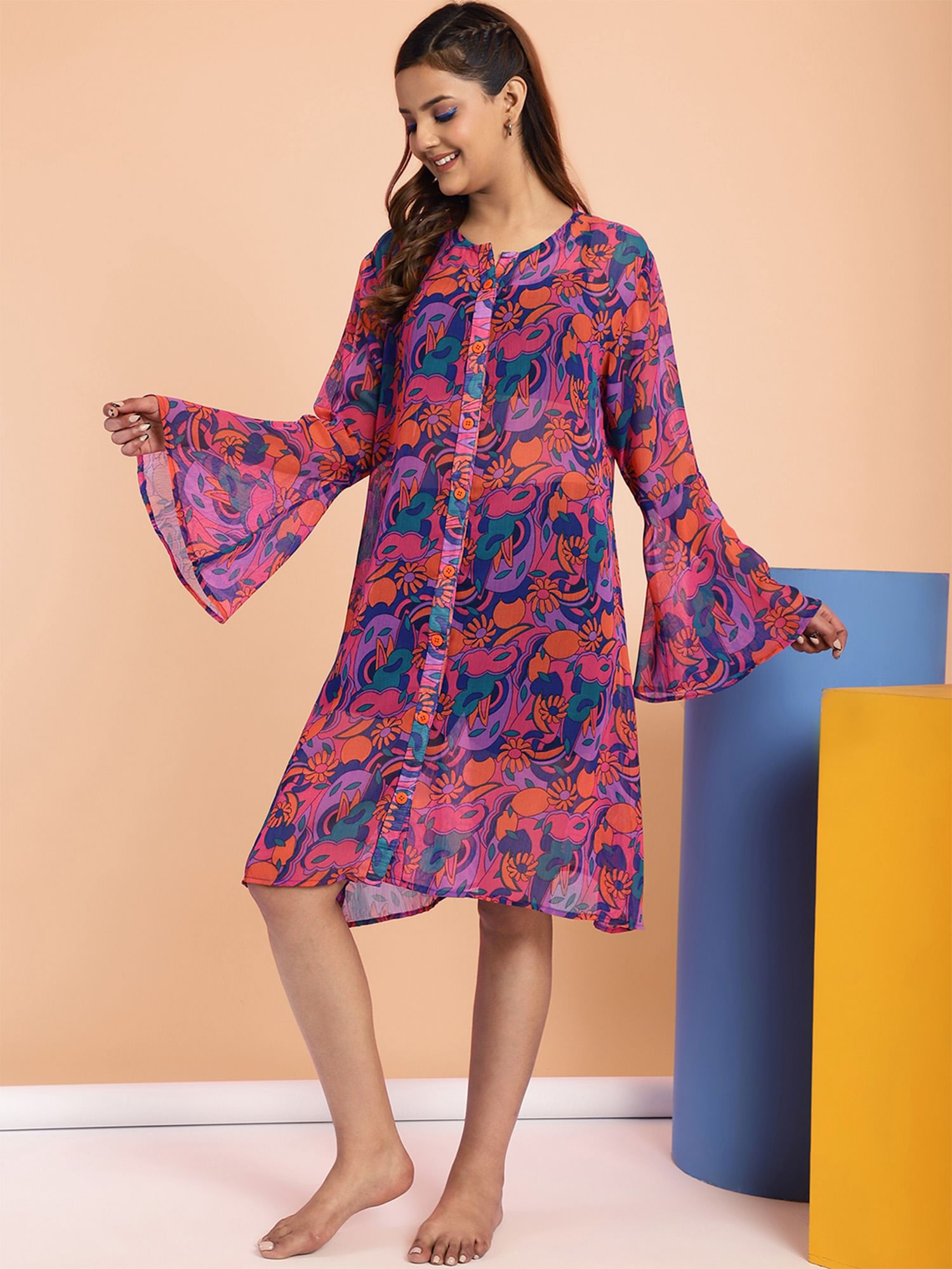 Purple Floral Swimwear Cover Up Dress