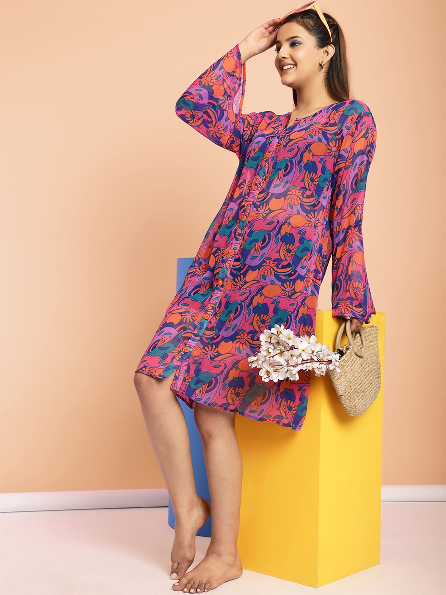 Purple Floral Swimwear Cover Up Dress