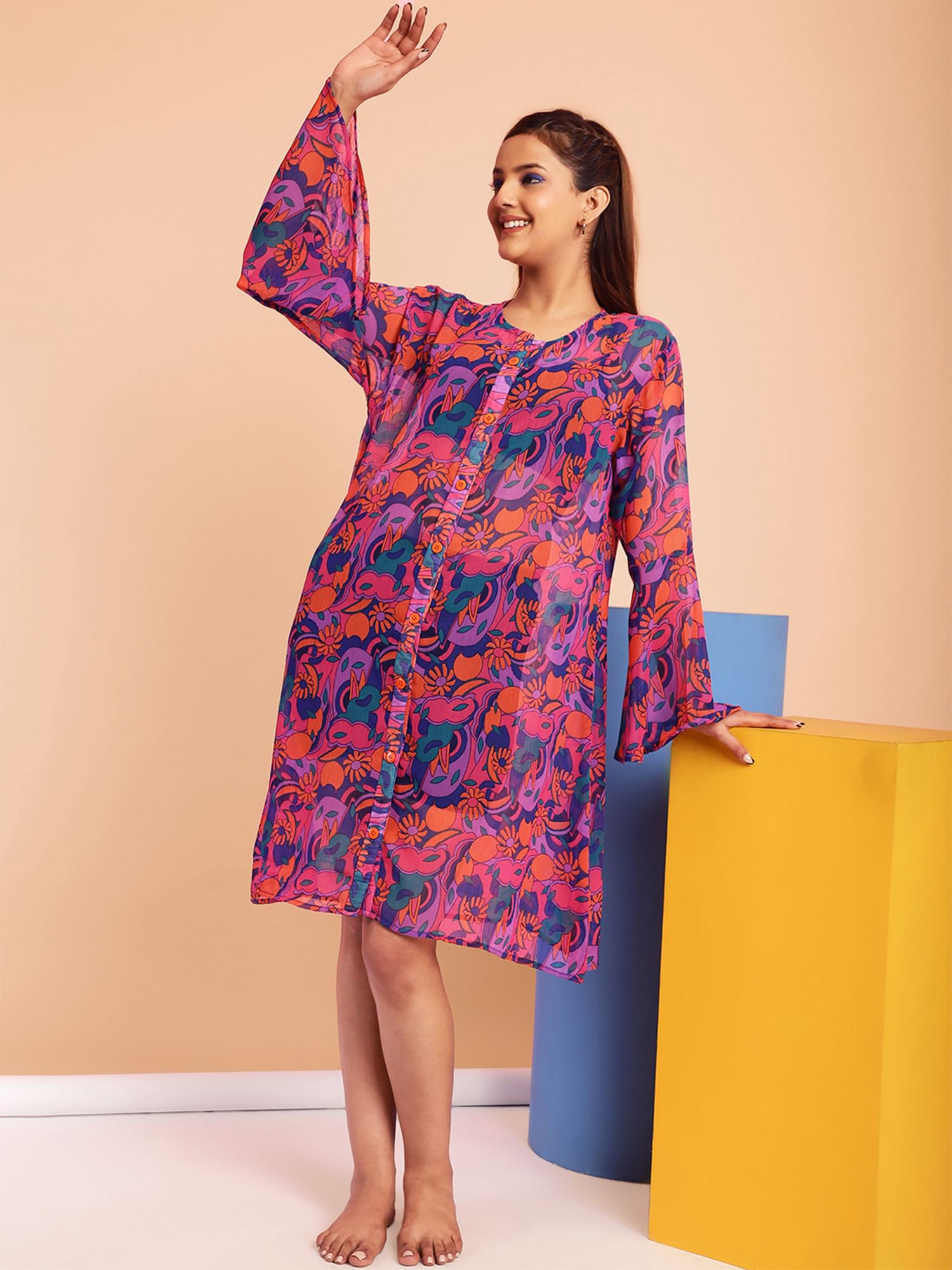 Purple Floral Swimwear Cover Up Dress