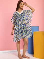 White and Blue Floral Swimwear Cover Up Kaftan