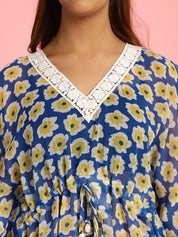 White and Blue Floral Swimwear Cover Up Kaftan