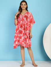 Red and Pink Floral Swimwear Cover Up Kaftan