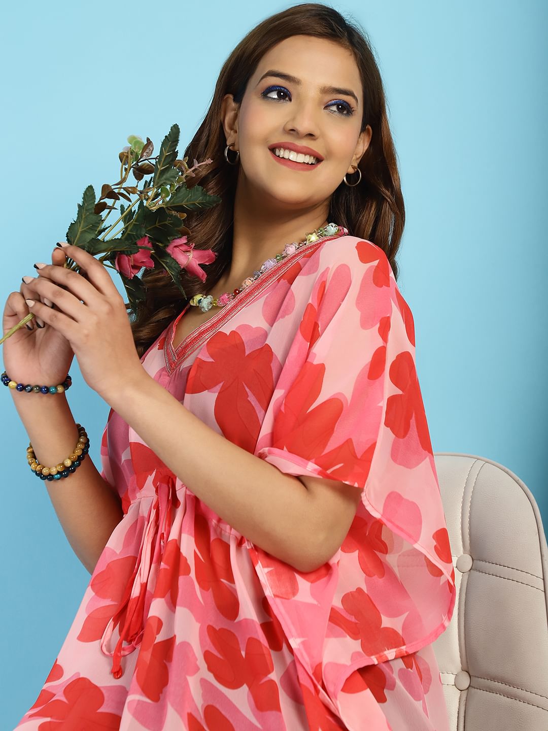 Red and Pink Floral Swimwear Cover Up Kaftan