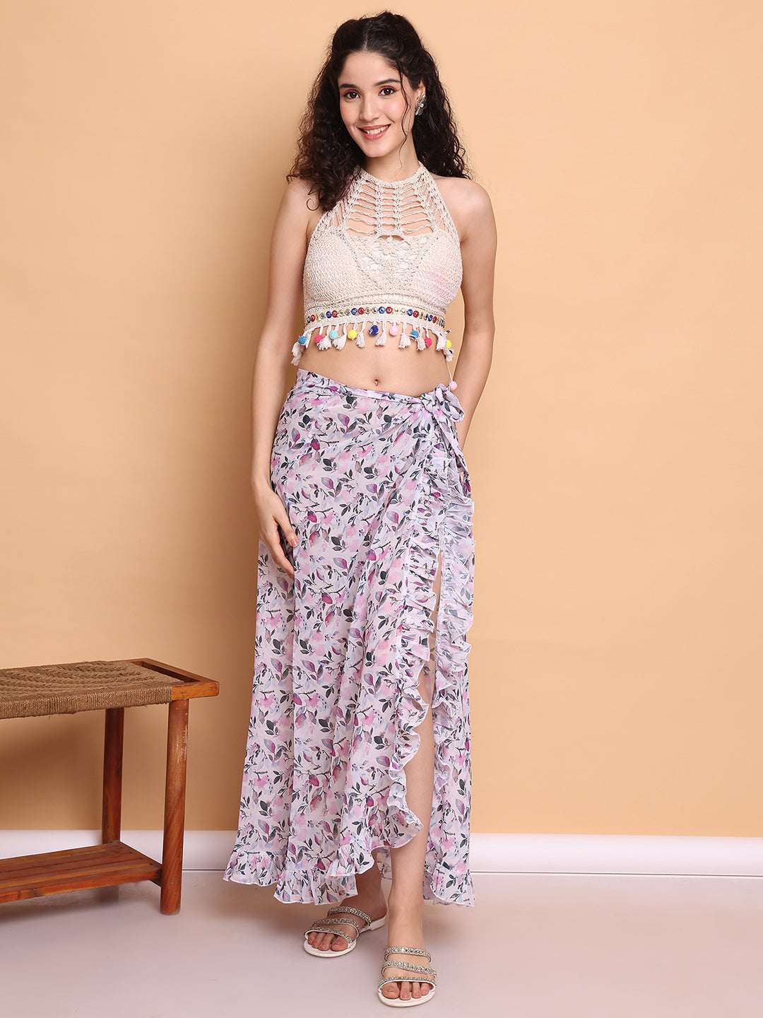 White Floral Georgette Swimwear cover-up sarong