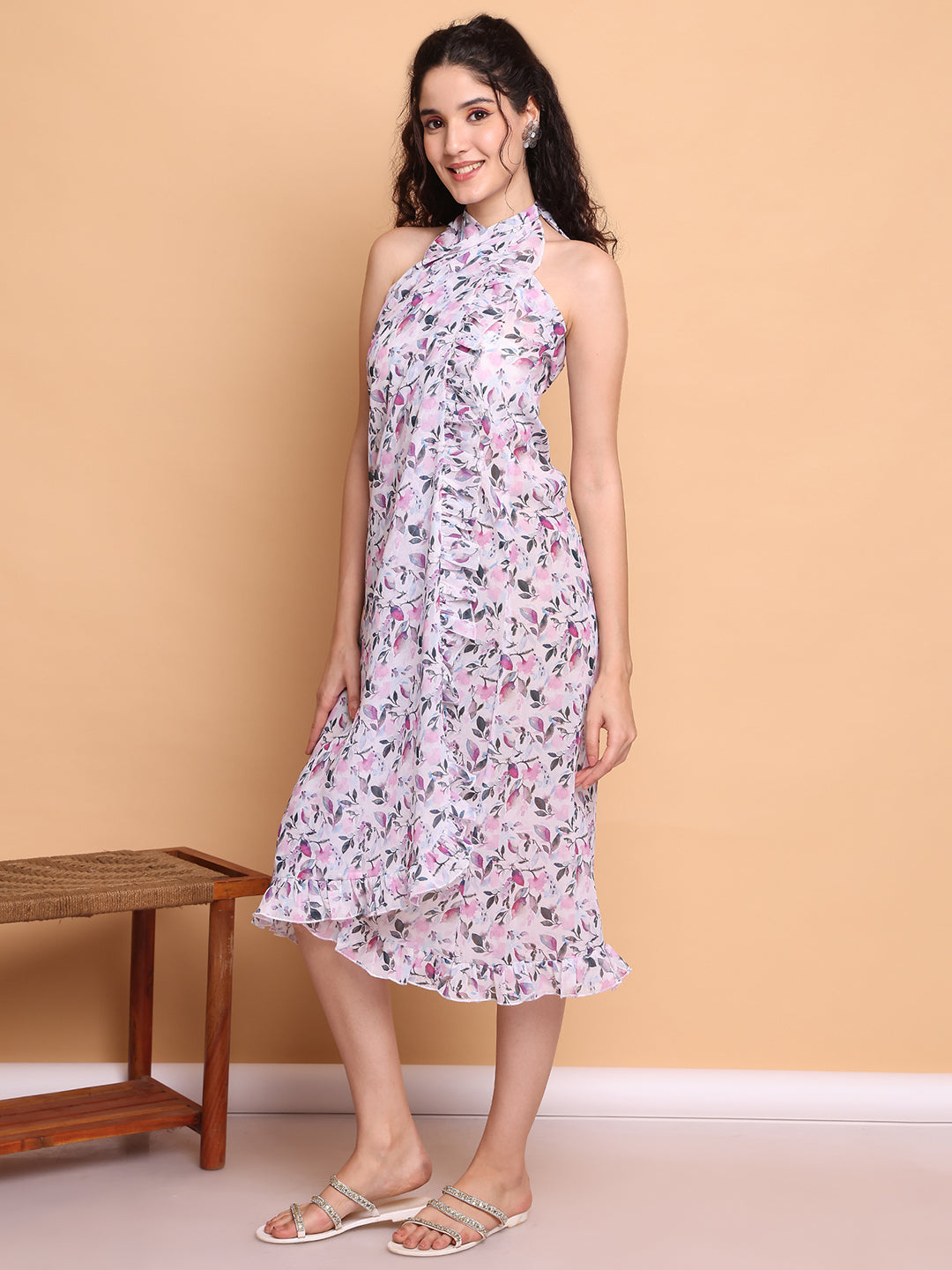 White Floral Georgette Swimwear cover-up sarong