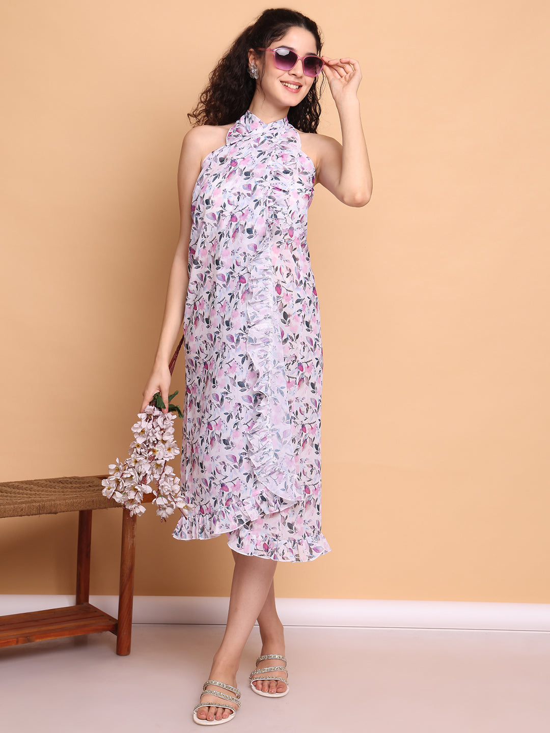 White Floral Georgette Swimwear cover-up sarong