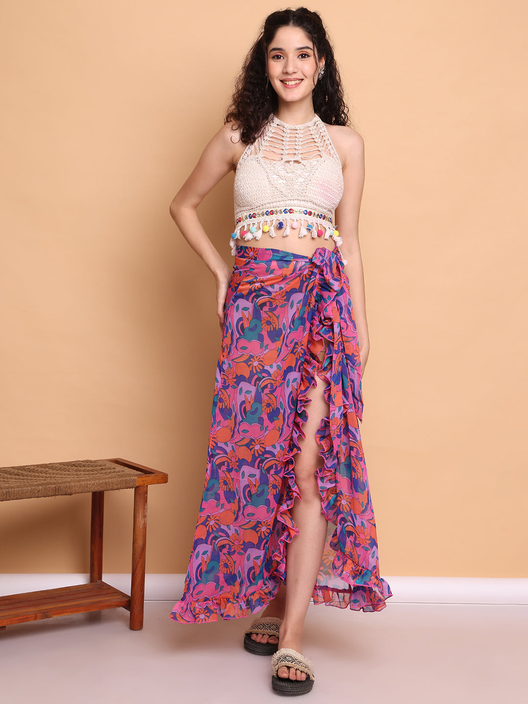 Multi-Coloured Floral Georgette Swimwear cover-up sarong