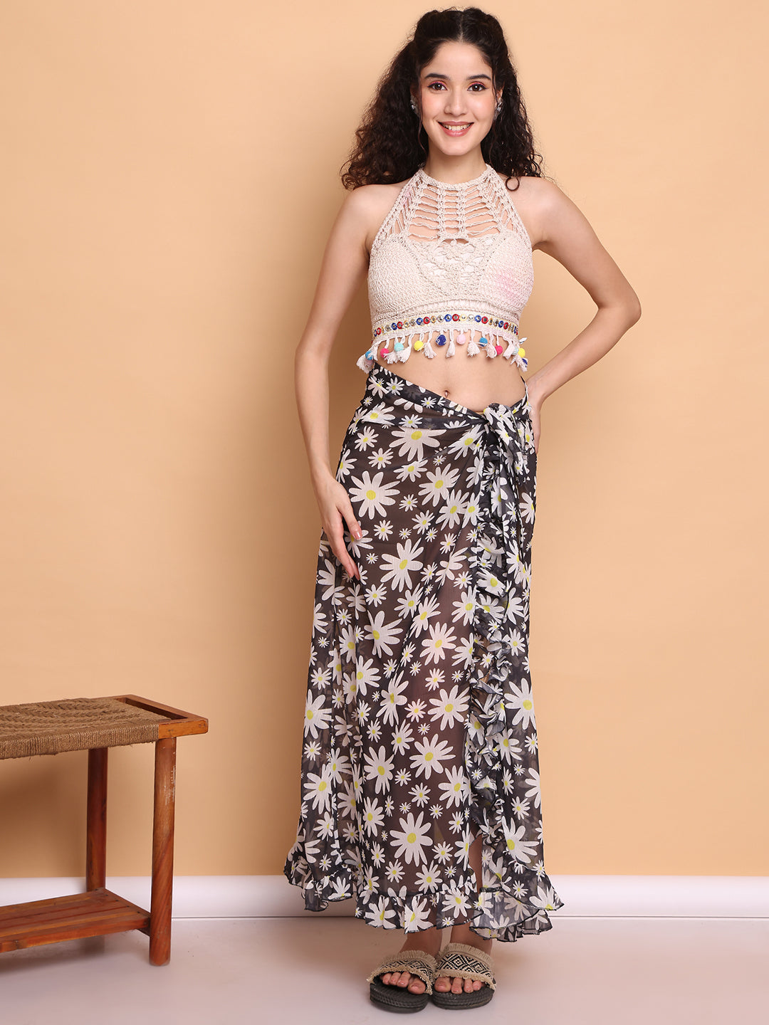 Black Floral Georgette Swimwear cover-up sarong