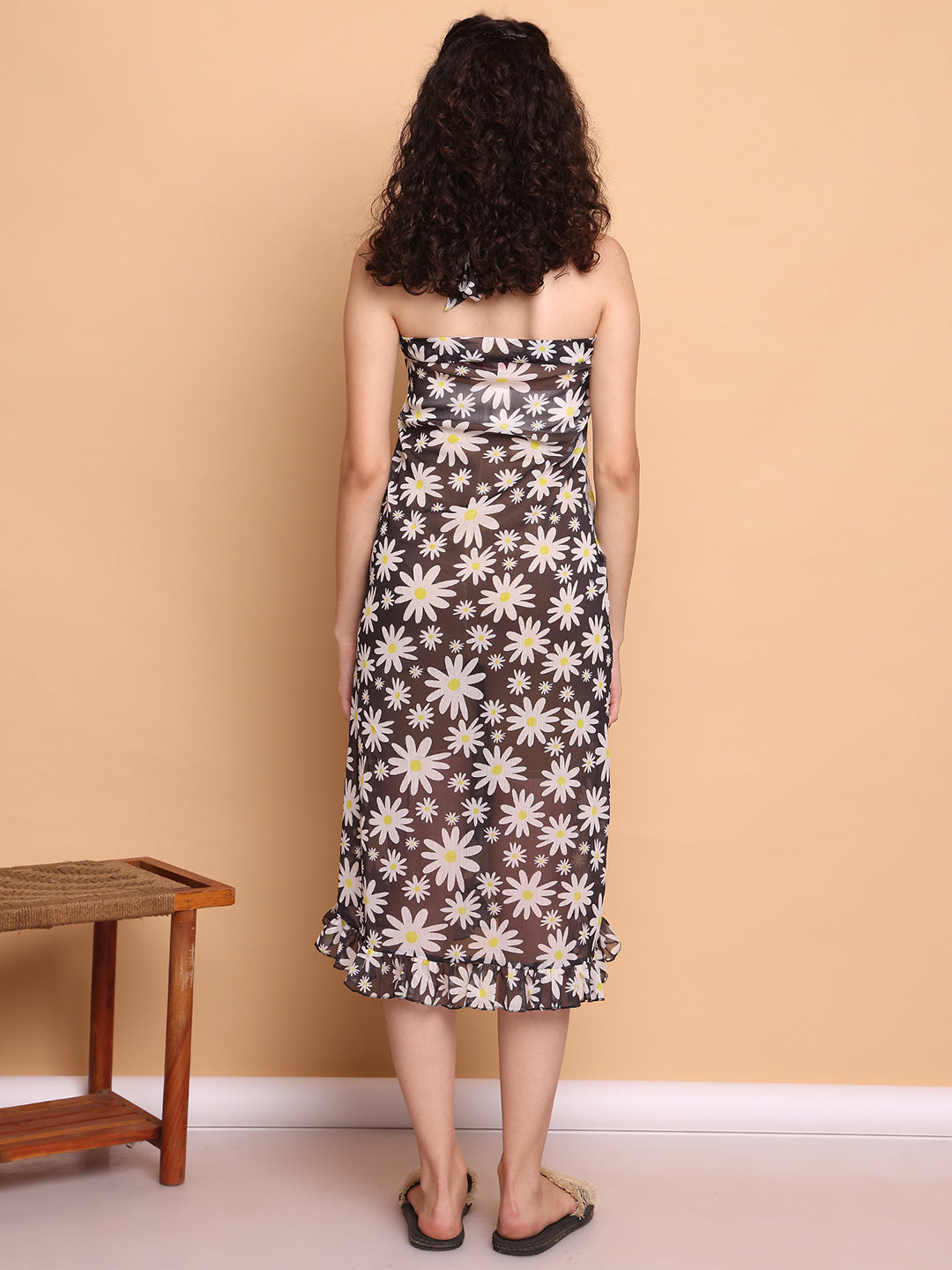 Black Floral Georgette Swimwear cover-up sarong