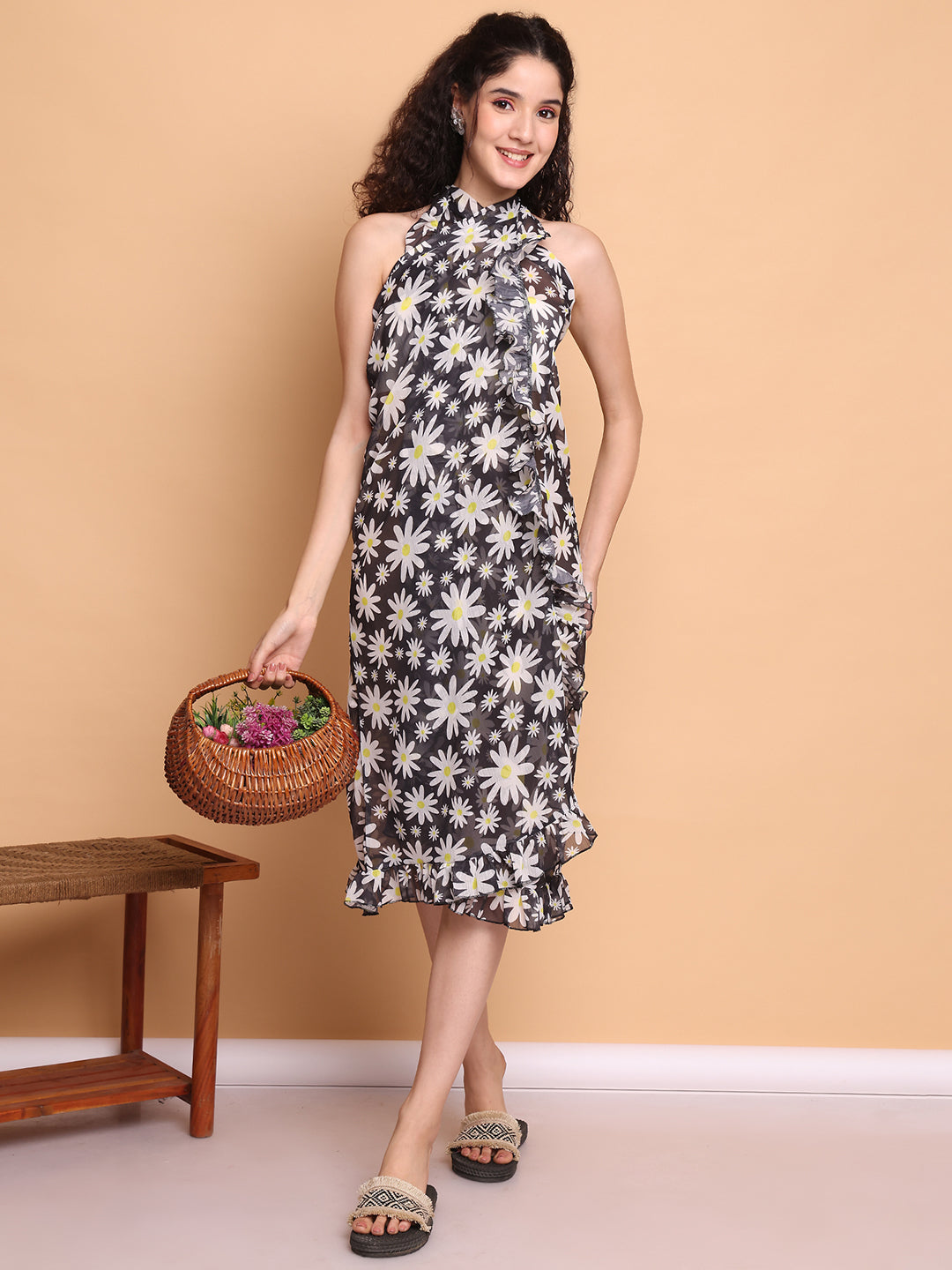 Black Floral Georgette Swimwear cover-up sarong