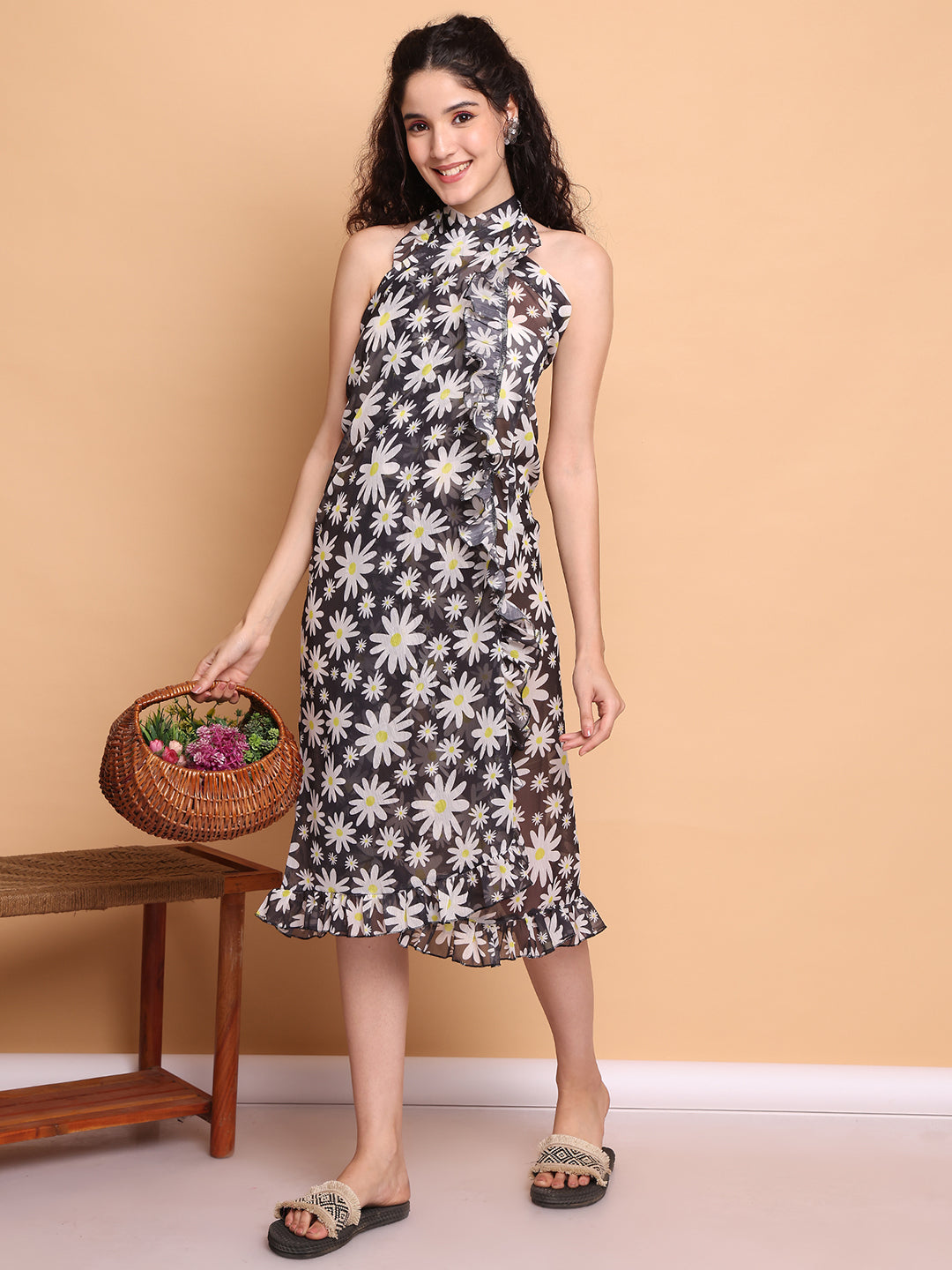 Black Floral Georgette Swimwear cover-up sarong