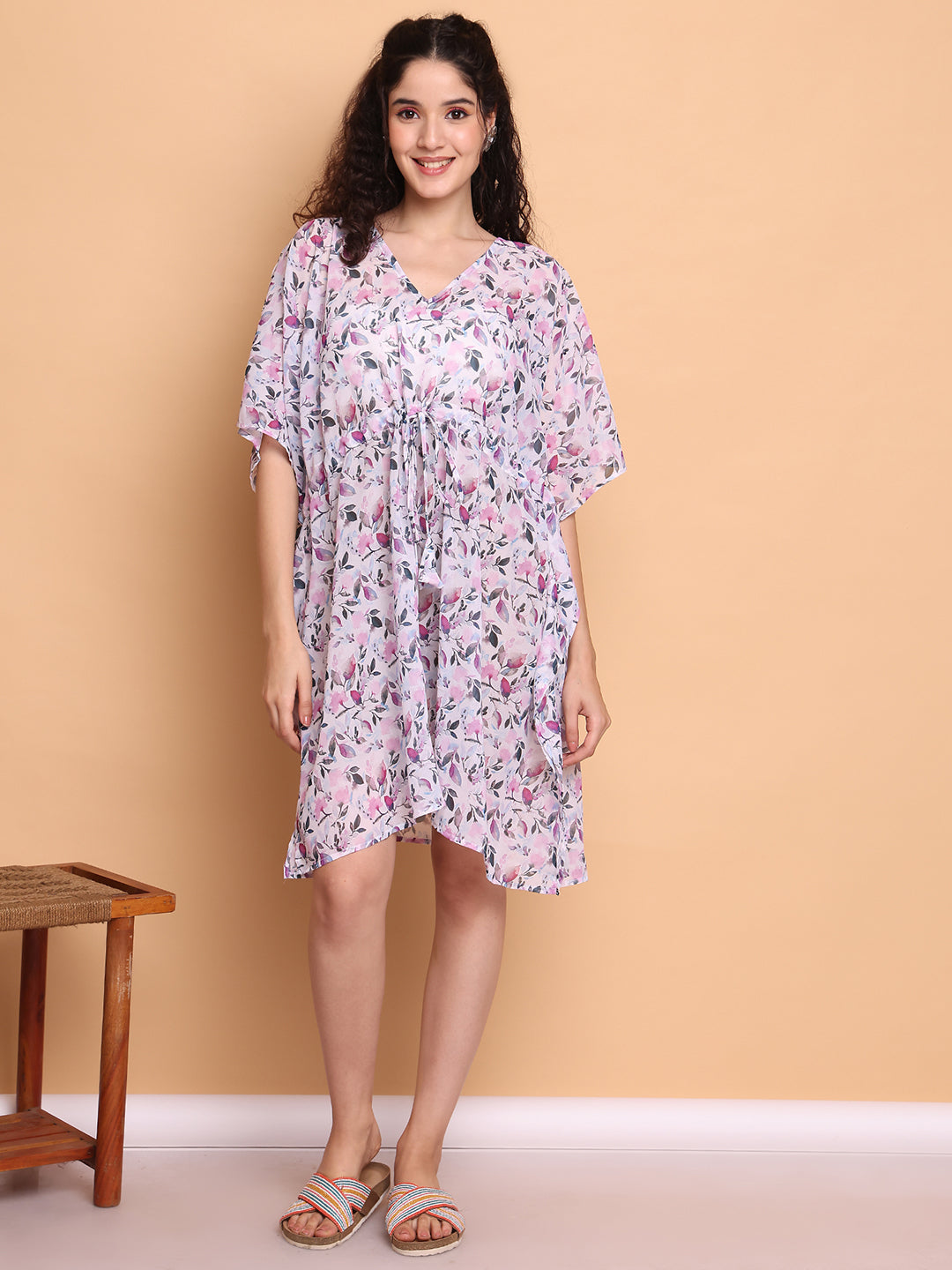 White Floral Georgette Swimwear Cover Up Kaftan