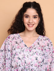 White Floral Georgette Swimwear Cover Up Kaftan