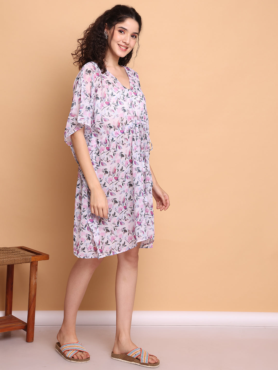 White Floral Georgette Swimwear Cover Up Kaftan