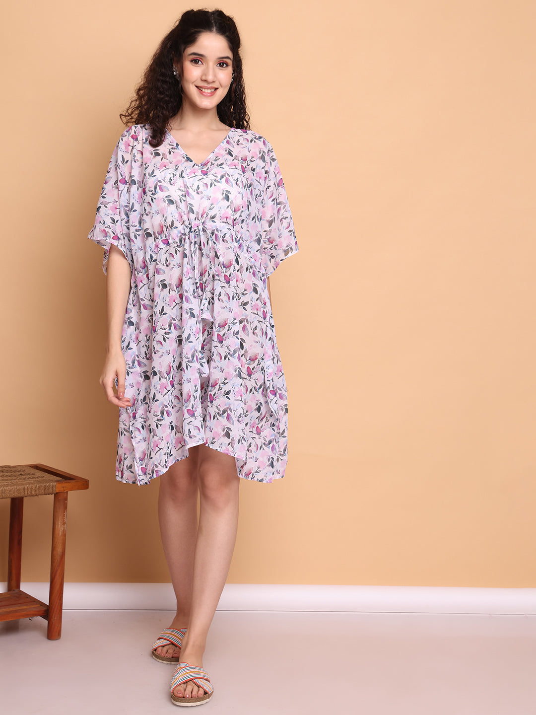 White Floral Georgette Swimwear Cover Up Kaftan