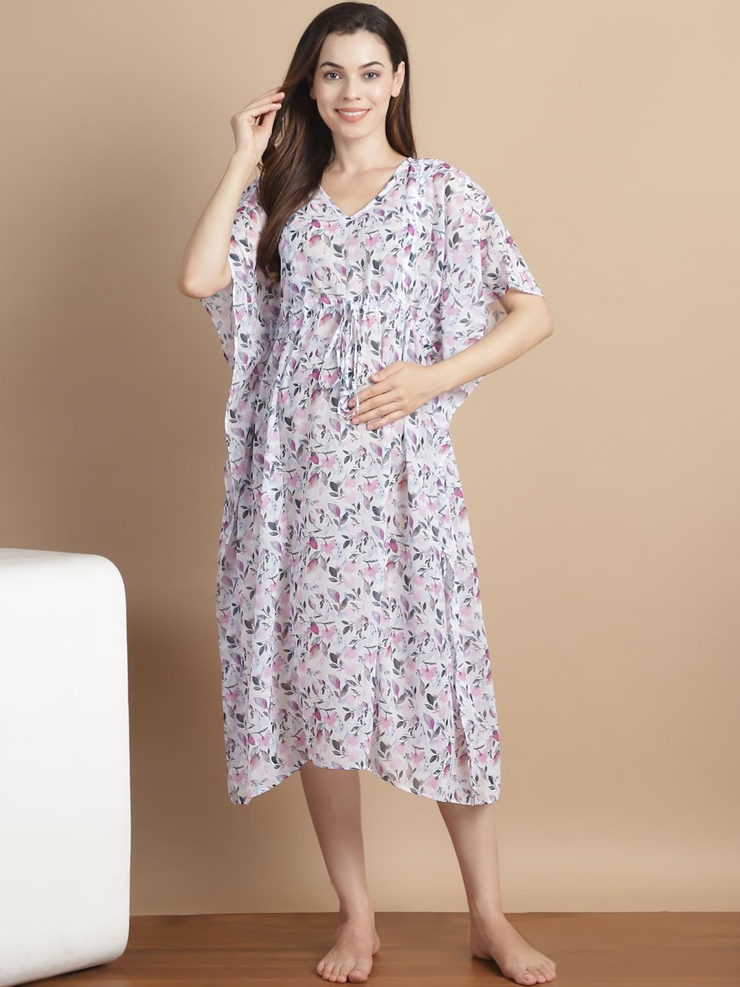 White Floral Georgette Maternity Swimwear Kaftan
